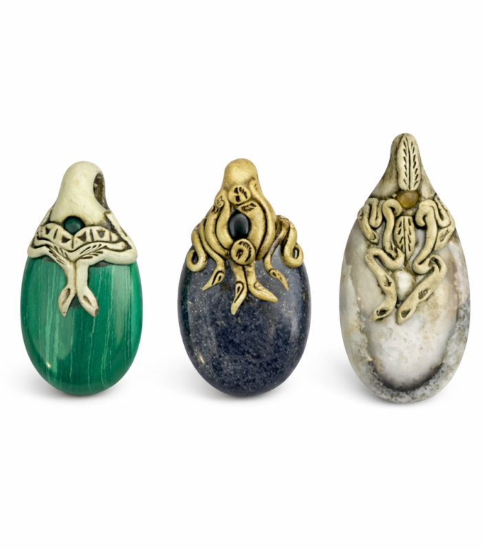 Intricate gemstone pendants with octopus caps