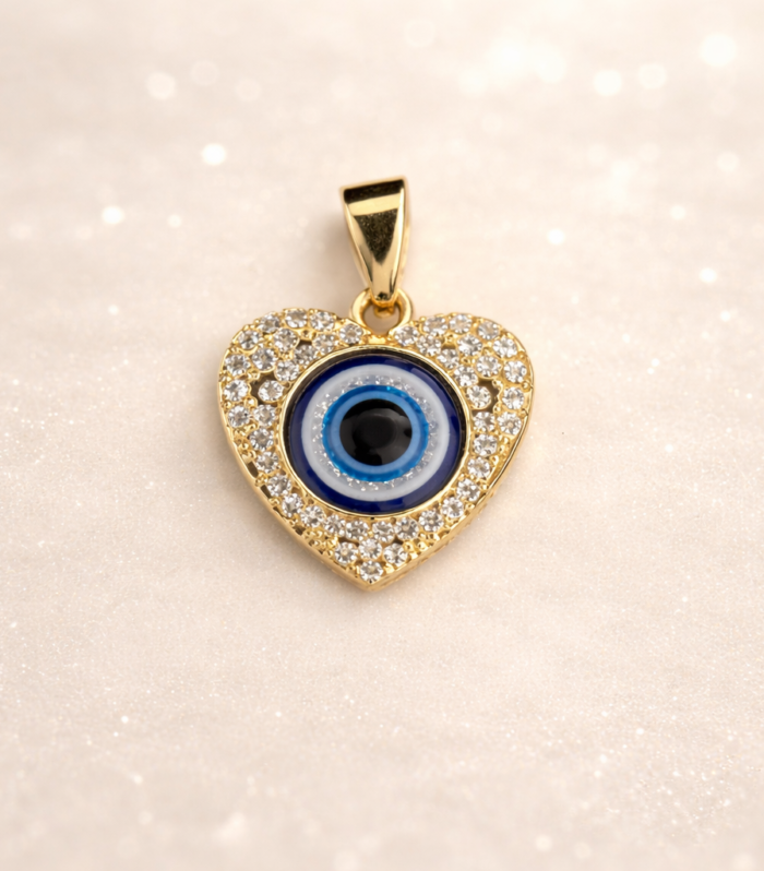 Heart Shape Evil Eye Protection Pendant – Gold Plated with Crystal Border