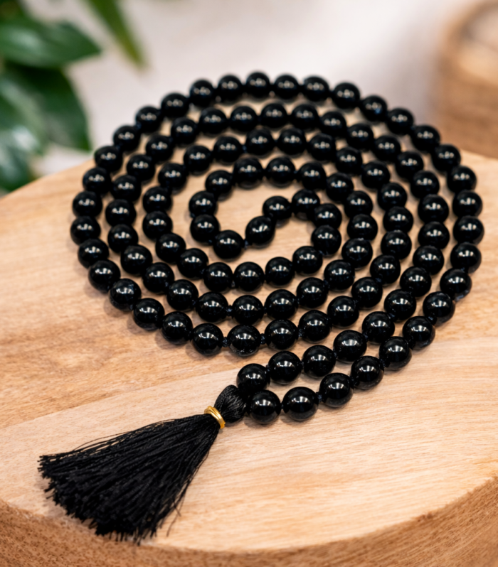Black Hakik Japa Mala 108 Prayer Beads, 8mm