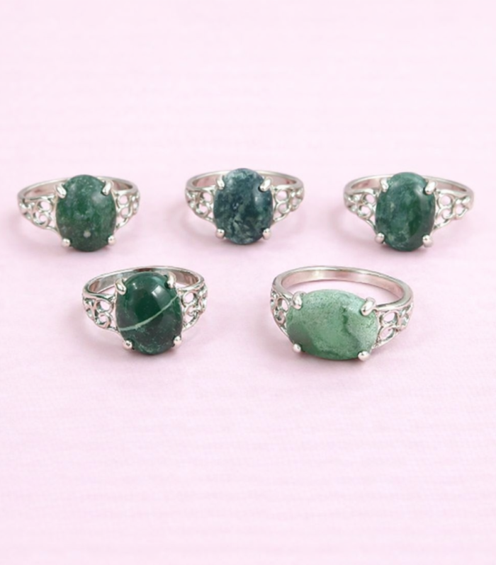 Assorted Green Stone Rings – Natural Gemstone Silver-Plated