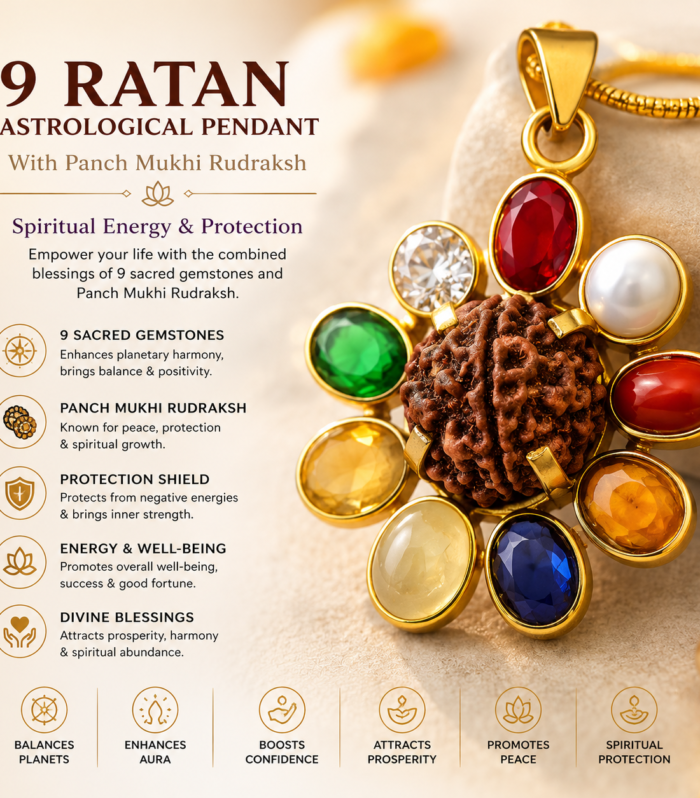 9 Ratan Astrological Pendant with Panch Mukhi Rudraksh – Spiritual Energy & Protection