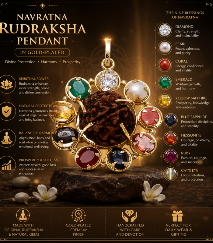 Navratna Rudraksha Pendant in Gold-Plated Floral Setting | 9 Gemstone Spiritual Protection Locket