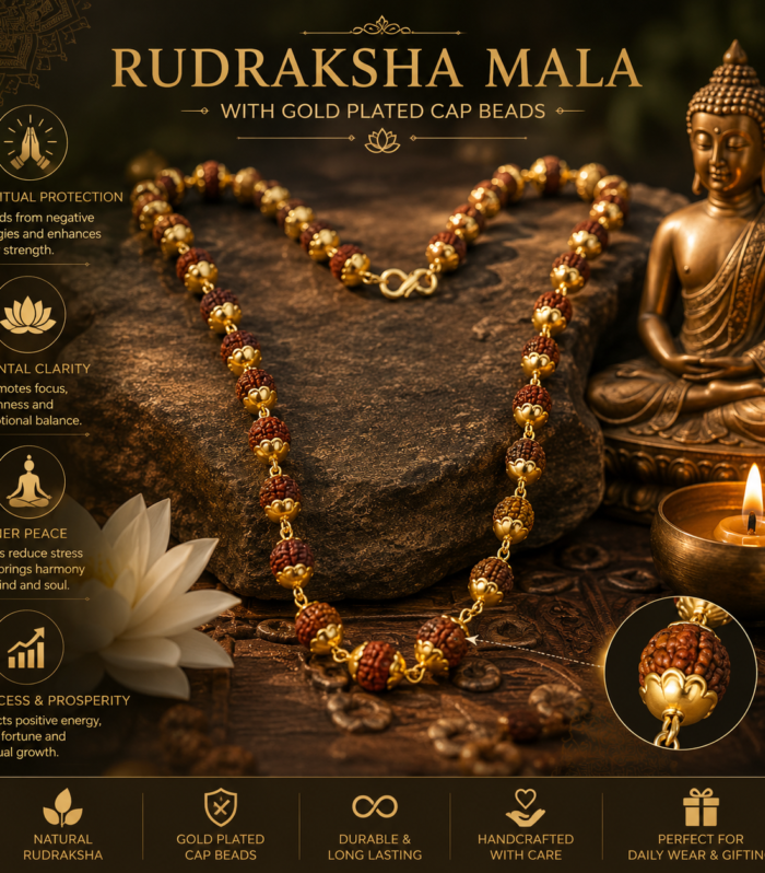 Rudraksha Mala with Gold Plated Cap Beads – Spiritual & Healing Prayer Necklace