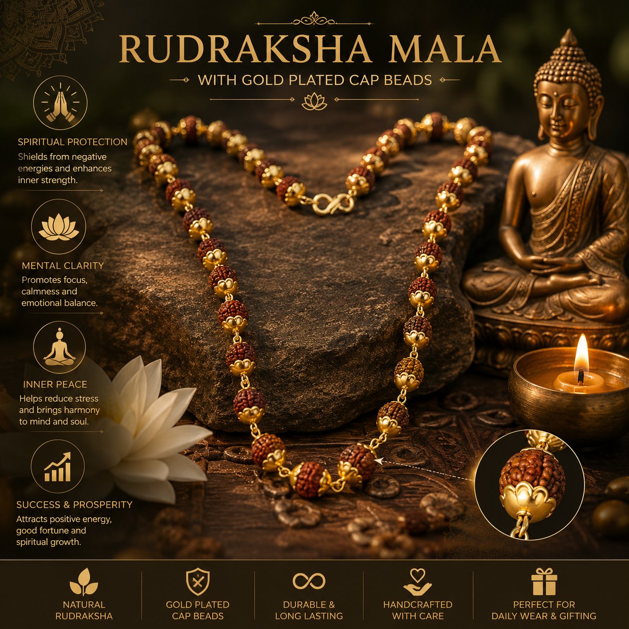 Rudraksha Mala with Gold Plated Cap Beads – Spiritual & Healing Prayer Necklace
