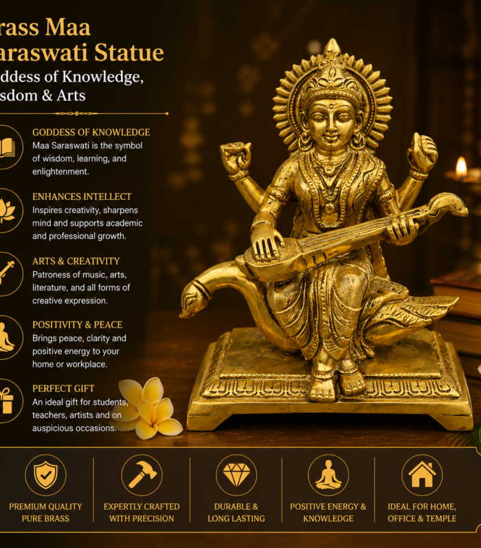 Brass Maa Saraswati Statue – Goddess of Knowledge, Wisdom & Arts 1.4kg