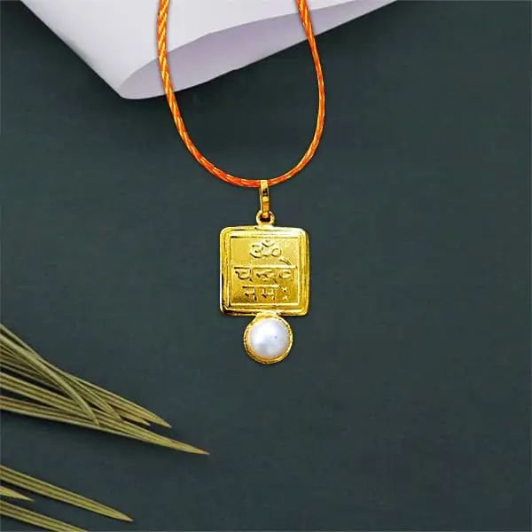 Chandra Grah Yantra Pendant with Pearl | Gold-Plated Moon Planet Remedy Locket for Emotional Balance & Peace