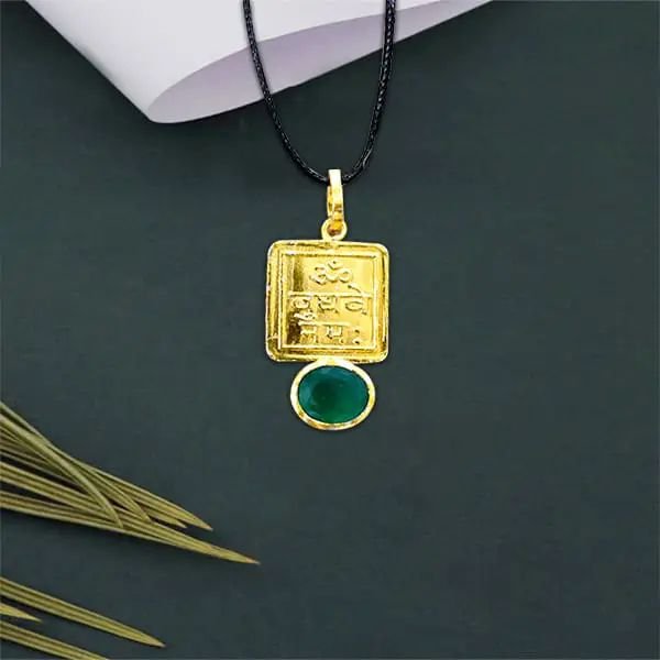 Budh Grah Yantra Pendant with Green Stone | Gold-Plated Mercury Planet Remedy Locket for Intelligence & Communication