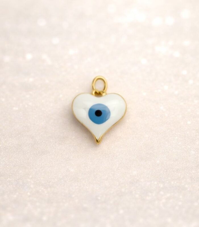 Heart Shape Evil Eye Protection Pendant – White Enamel with Gold Plated Finish