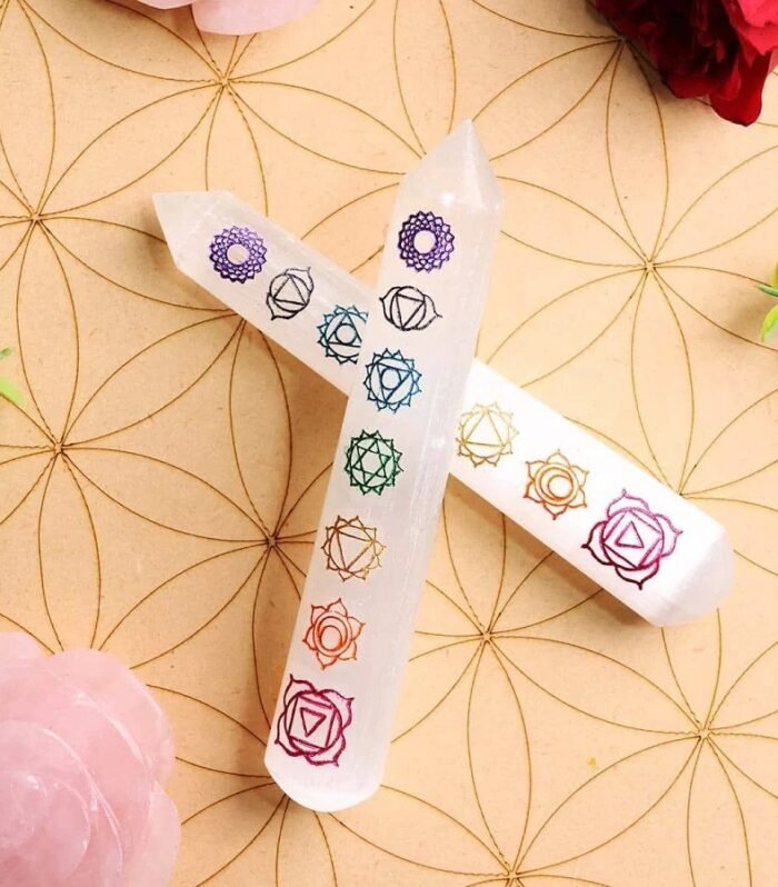 Selenite Chakra Engraved Healing Wand (7 Chakra Balancing Stick)