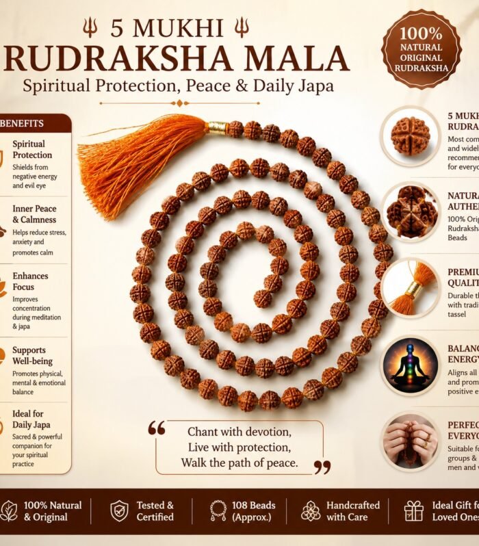 (I) 5 Mukhi Rudraksha Mala String for Spiritual Protection, Peace & Daily Japa