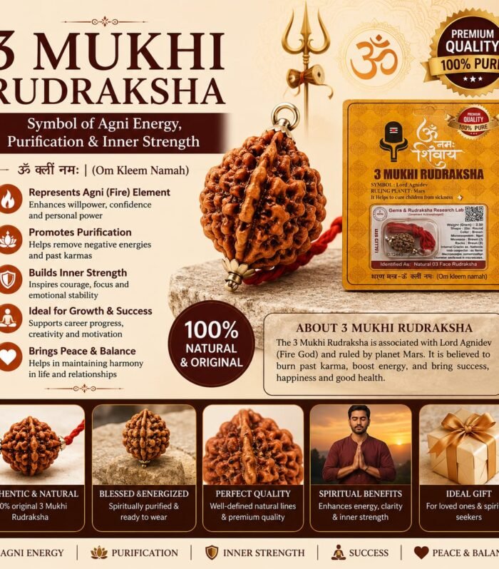 3 Mukhi Rudraksha (Three Faced) – Symbol of Agni Energy, Purification & Inner Strength (indo)