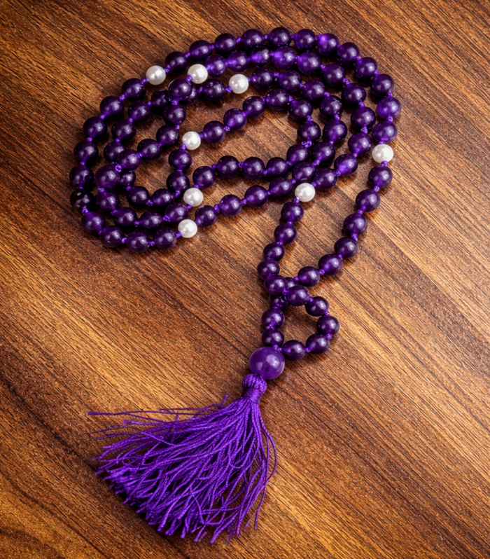 Amethyst and White Pearl Japa Mala 6MM