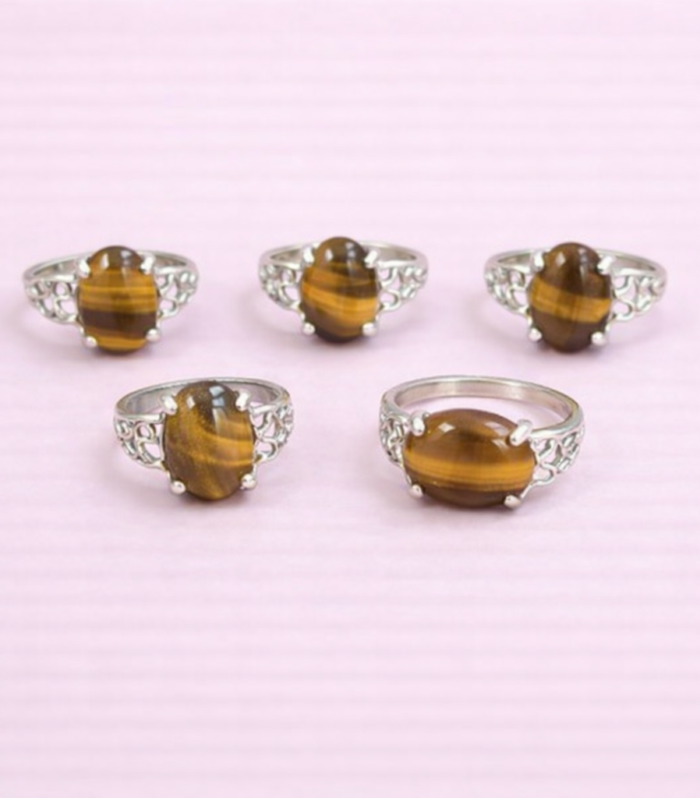 Assorted Brown Striped Stone Rings – Natural Gemstone Silver-Plated Collection